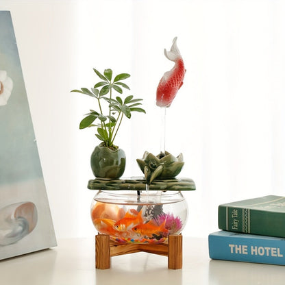 USB Desktop Fish Waterfall Fountain with Glass Bowl, Relaxing Indoor Water Feature Tabletop Decor Zen Fountain Gift
