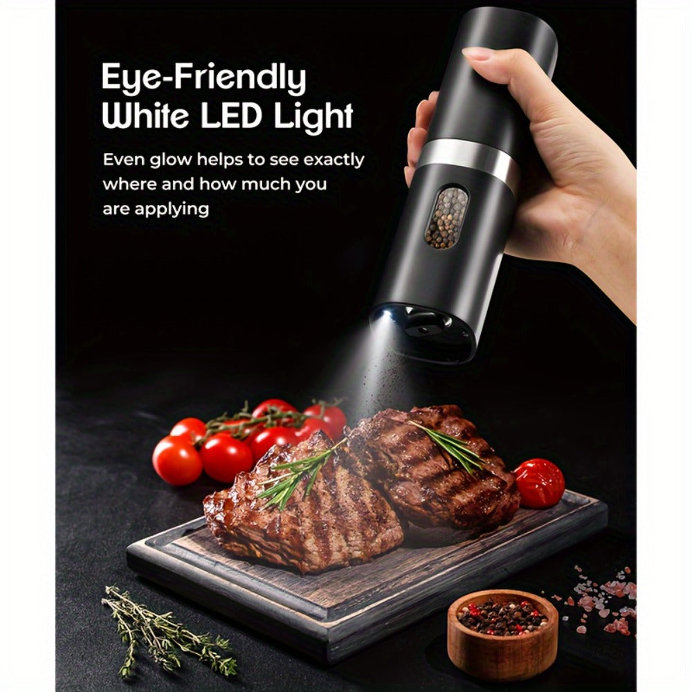 Electric Salt and Pepper Grinder Set 2-Pack Rechargeable with Charging Base & White Light - One-Hand Operation