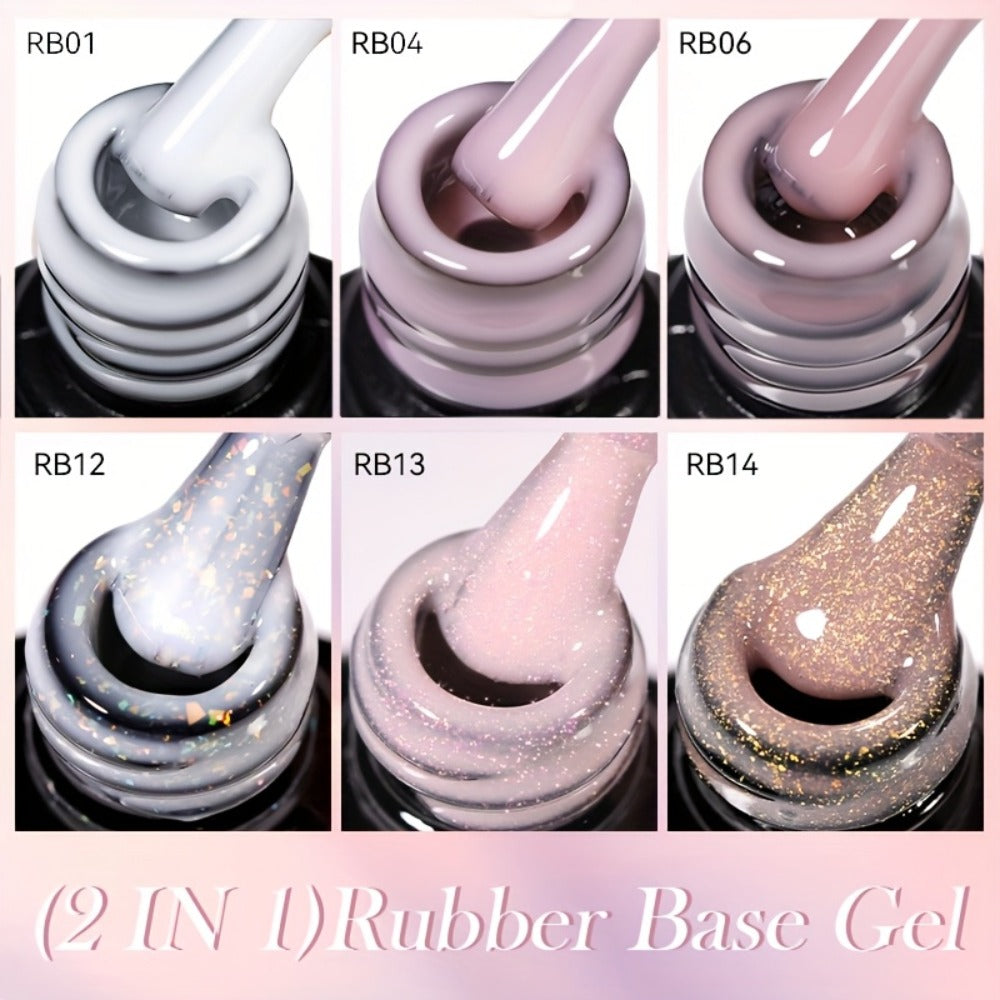 Rubber Base Gel Polish Set 6pcs Nude Pink 2-in-1 Builder Base Coat – Self-Leveling Soak Off UV LED Semi-Permanent Long-Lasting Gel Manicure