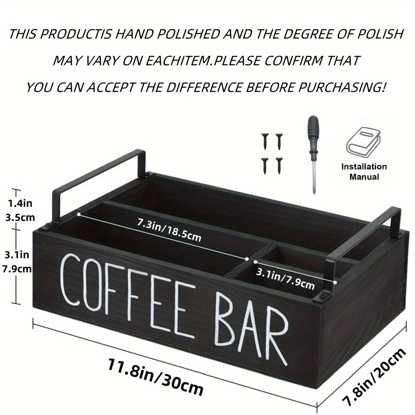 Wooden Coffee Bar Organizer with Farmhouse Sign and Rectangular Tray for Pods, Sugar, Creamer and Countertop Accessories