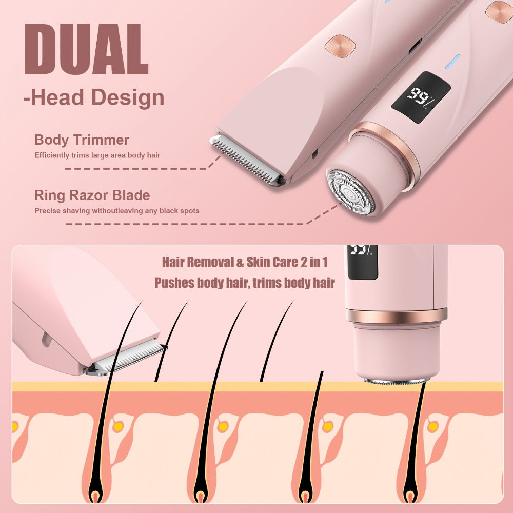 Electric Shaver 2-in-1 Dual-Head Bikini Trimmer with Digital Battery Display and Waterproof Wet/Dry Use