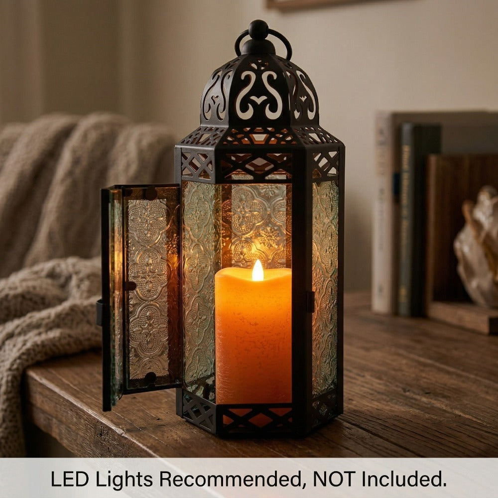Moroccan Candle Lantern Holder - Decorative Metal & Glass Lantern with Embossed Floral Design for Indoor Home Decor