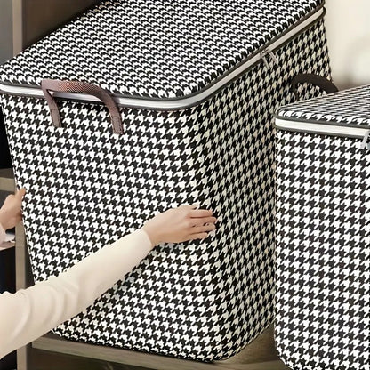 Four-Piece Houndstooth Fabric Storage Box Set with Handles, Double Zippers and Black-and-White Pattern