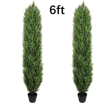 Two-Pack Artificial Cedar Topiary Trees with 4, 5 or 6 ft Height Options and Optional 16-Inch Black Planters