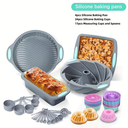 Silicone Bakeware Set with Cake Molds, Muffin Pan, Donut Pan, Baking Sheet, Baking Cups & Measuring Cups Spoons