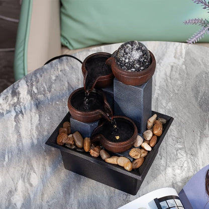 Tabletop Water Fountain Indoor, 4-Level Desktop Waterfall with LED Lights & Natural River Stones