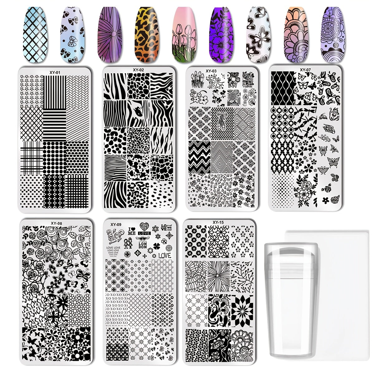 Nail Stamping Plate Set 9Pcs with 7 Mixed Design Stainless Steel Plates – Complete Nail Art Stamp Kit with Stamper & Scraper for Floral