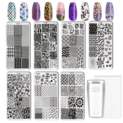 Nail Stamping Plate Set 9Pcs with 7 Mixed Design Stainless Steel Plates – Complete Nail Art Stamp Kit with Stamper & Scraper for Floral