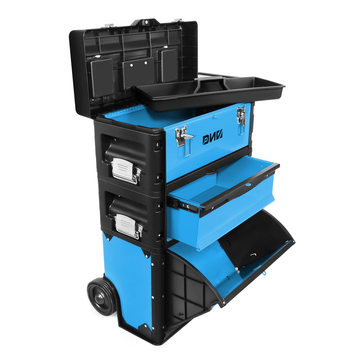 Rolling Tool Box 3-Tier Stackable Portable Toolbox with Wheels 19.5x12x28.5 Inch Steel PP 3-in-1 Detachable Compartments Metal Latches