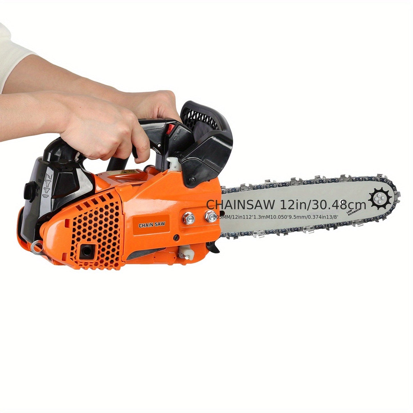 Compact 25.4CC Gas Chainsaw with 12-Inch Guide Bar and Orange Two-Stroke Engine Housing Design