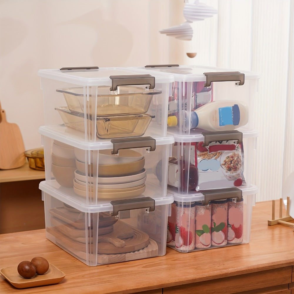 Six-Piece 16.9-Quart Clear Stackable Storage Box Set with Gray Latching Lids and 15.94-Inch Tops