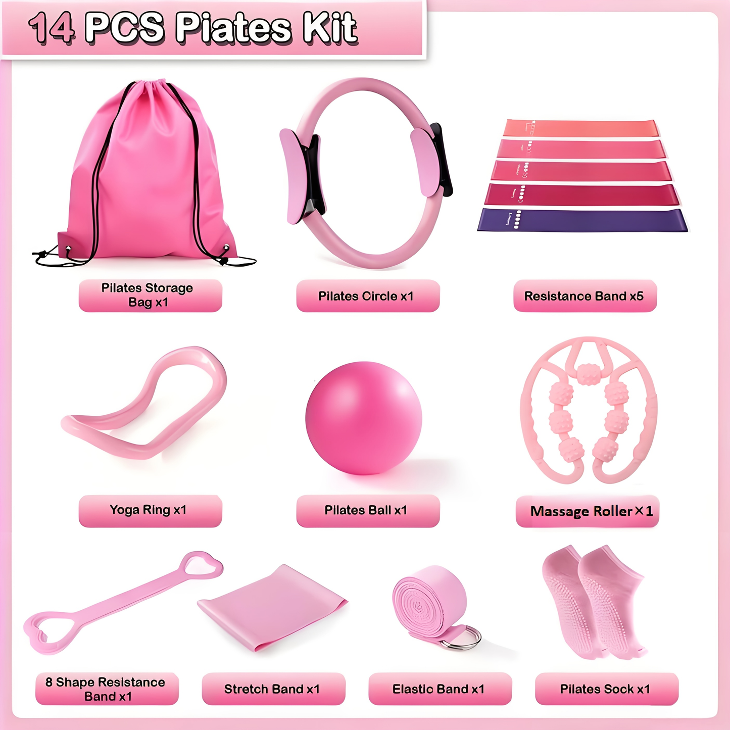 Pilates Set for Women 14-Piece – Includes 13-Inch Pilates Ring, 9-Inch Yoga Ball, 5 Resistance Bands & Hip Thrust Bands
