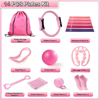Pilates Set for Women 14-Piece – Includes 13-Inch Pilates Ring, 9-Inch Yoga Ball, 5 Resistance Bands & Hip Thrust Bands