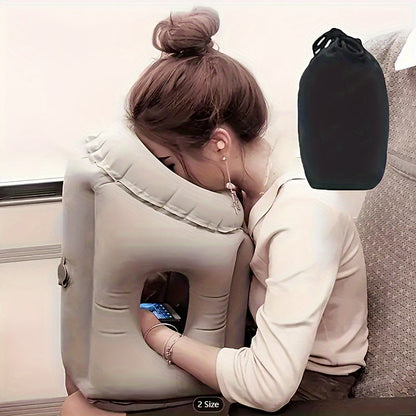 Grey Inflatable Forward-Leaning Travel Pillow with Face Opening, Arm Access, Carry Case and 37 × 32 × 26 cm Label