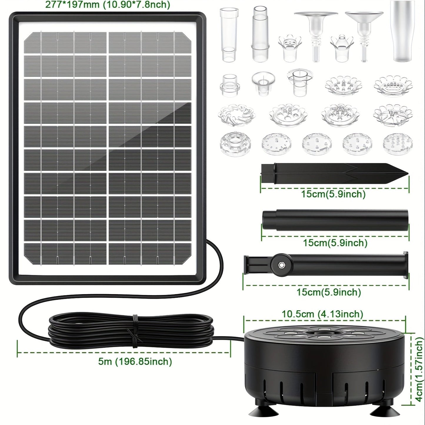 LED Solar Fountain Pump with 10W Separate-Panel and Round Disc Options, Eight Lights and Spray Fittings