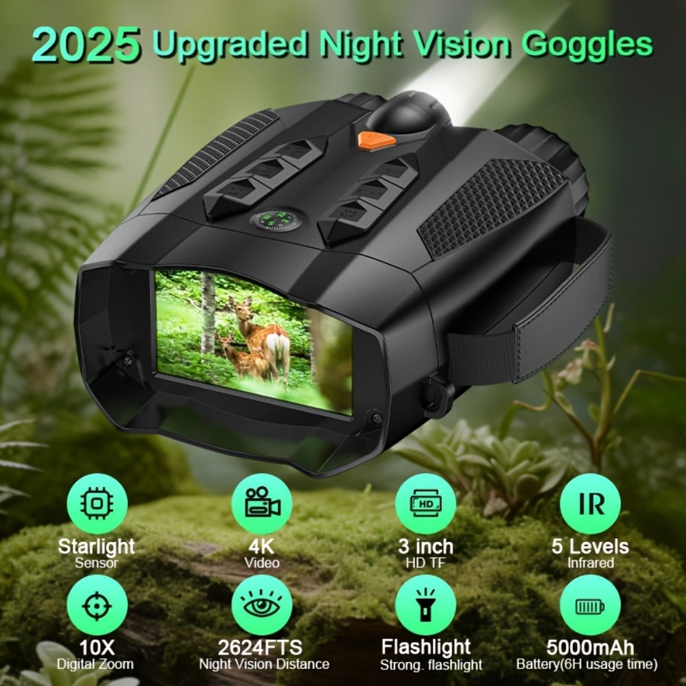 Night Vision Goggles with Built-In 3W IR Illuminator, 200MP HD, 10X Digital Zoom, 5W IR Light, Battery