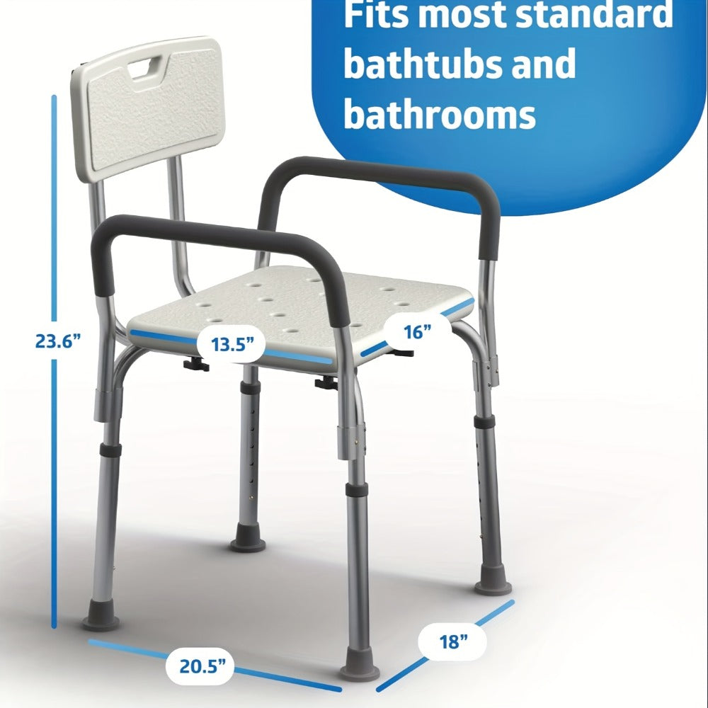 Height-Adjustable Shower Chair with Backrest, Padded Armrests, Drainage Seat and Four Rubber Feet