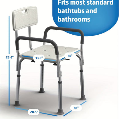 Height-Adjustable Shower Chair with Backrest, Padded Armrests, Drainage Seat and Four Rubber Feet