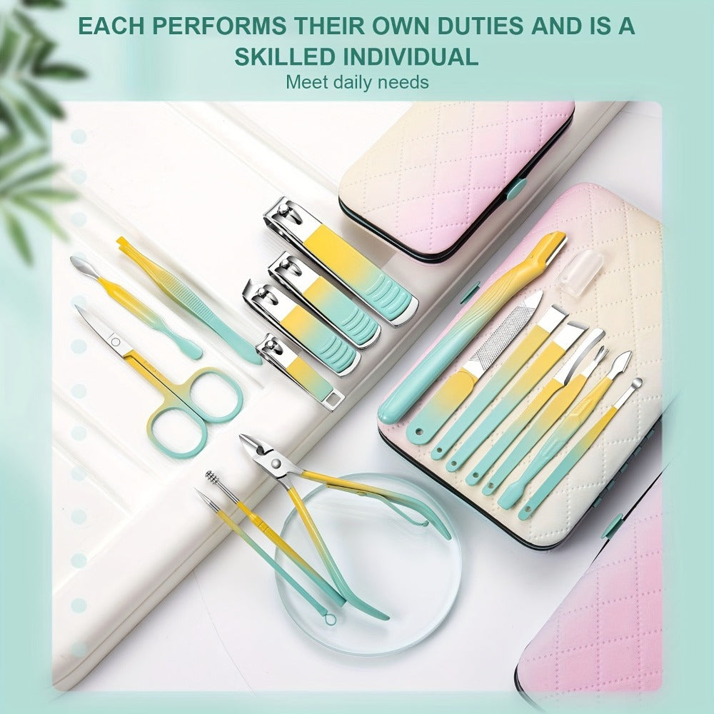 Eighteen-Piece Manicure and Pedicure Kit with Gradient Case, Clippers, Scissors, Files and Pushers