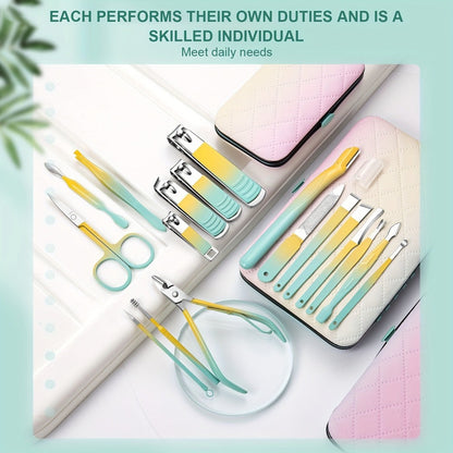 Eighteen-Piece Manicure and Pedicure Kit with Gradient Case, Clippers, Scissors, Files and Pushers