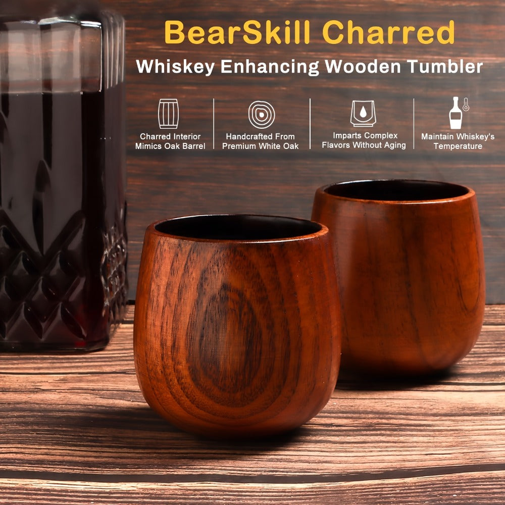 Charred Wooden Bourbon Whiskey Glass Set, 2 Jujube Wood Old Fashioned Tumbler Glasses & 8 Granite Whiskey Stones