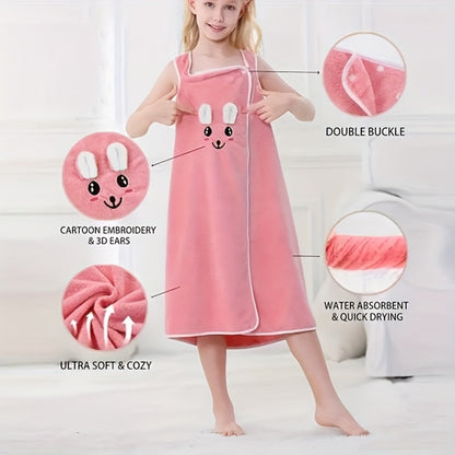 Bunny Ears Bath Towel Wrap for Girls - 250GSM Microfiber Cartoon Bath Skirt, Cute Kawaii Robe for Ages 6-12