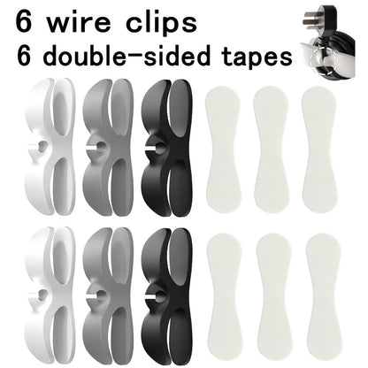 Double-Channel Cable Organizer Clips with Six Black, White and Gray Holders and Six Adhesive Pads