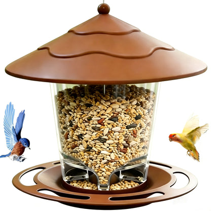 Hanging Bird Feeder with Tiered Roof, Clear Seed Chamber and Brown, Grey or Green Finish Options