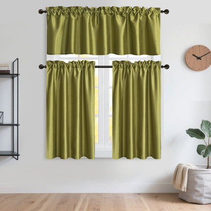 Three-Piece Faux Silk Window Curtain Set with Rod-Pocket Valance, Two 26 x 36-Inch Tiers and Eleven Colors