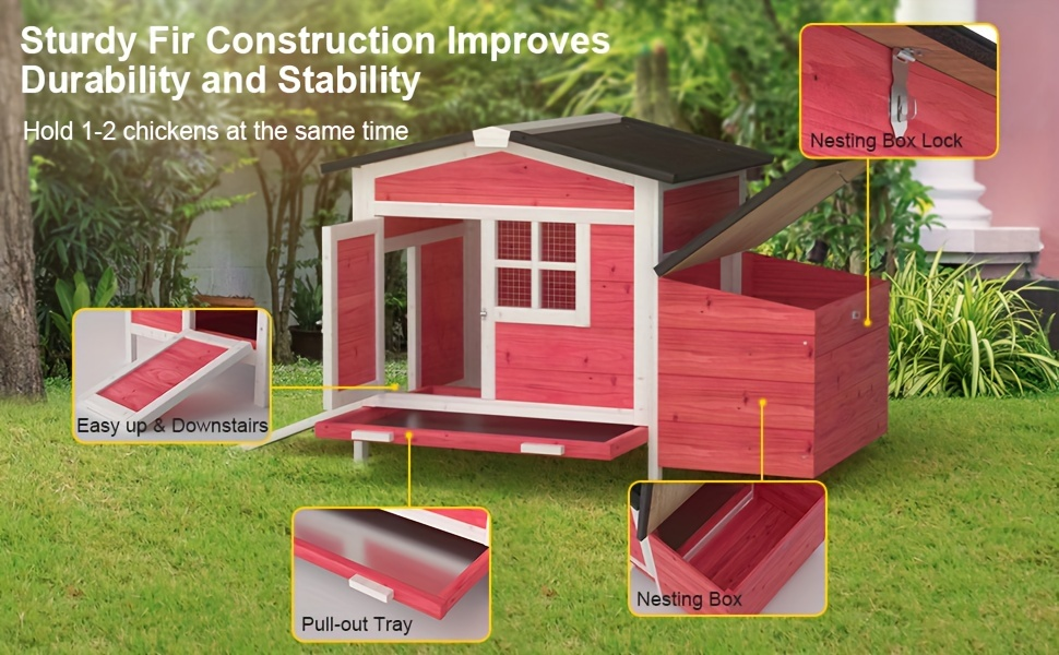 Hen House Outdoor Wooden Chicken Coop with Nesting Box Ramp Removable Tray Elevated Design Fir Wood for Garden, Patio and Yard Use