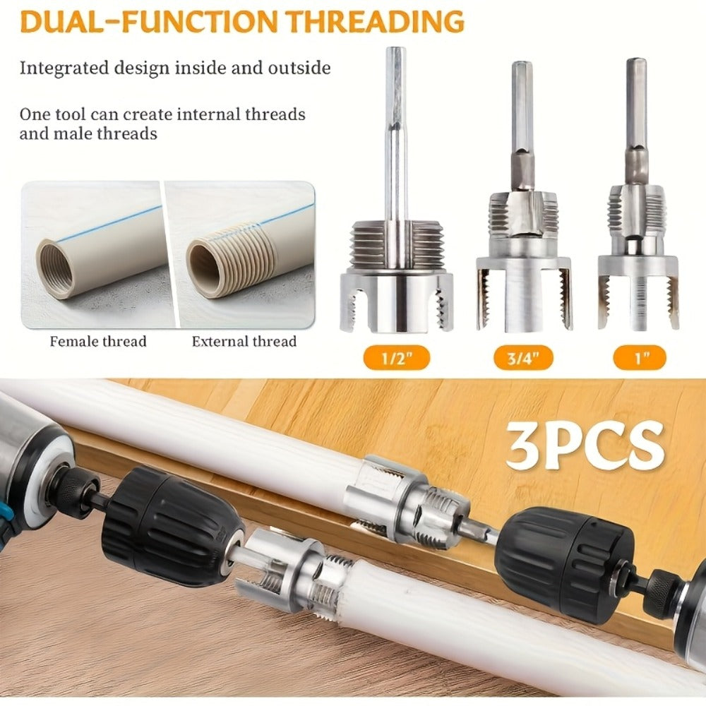 Pipe Threading Tool Set 3 Piece Alloy 1/2 3/4 1 Inch Internal External Thread Tap Drill Compatible for PVC PPR MPP Pipe Installation