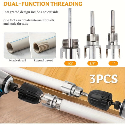 Pipe Threading Tool Set 3 Piece Alloy 1/2 3/4 1 Inch Internal External Thread Tap Drill Compatible for PVC PPR MPP Pipe Installation