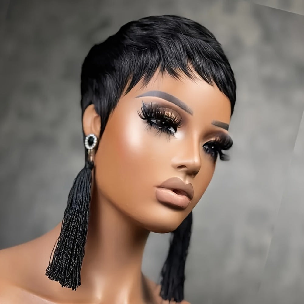 4-Inch Straight Layered Pixie Human Hair Wig in Black with 150% Density and Machine-Made Rose Net Cap