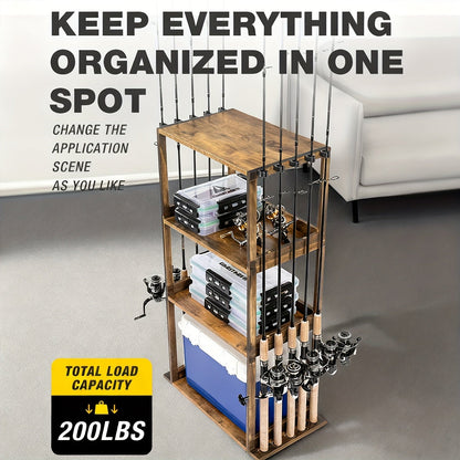 Wood Fishing Rod Holder for Garage Wall Mount – Holds Up to 10 Rods, Pole Rack with Tackle Storage Organizer, Fishing Gear Equipment Rack