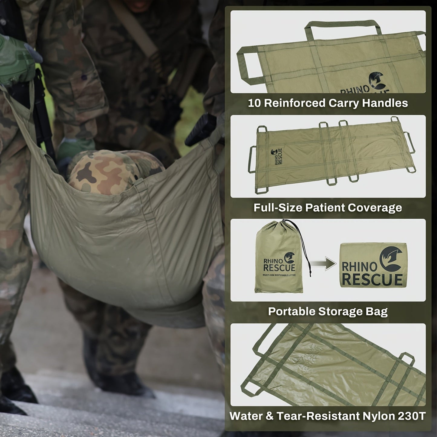 Emergency Stretcher Disposable 661LB Capacity – Portable Water-Resistant Rescue Litter with 10 Handles | 230T Nylon PA Stretcher for Mass