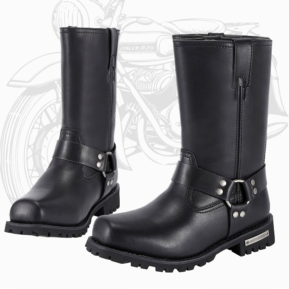 Men's Motorcycle Boots 11" Harness – PU Leather Non-Slip Square Toe Mid-Calf Biker Boots, Abrasion Resistant All-Season Riding Boots