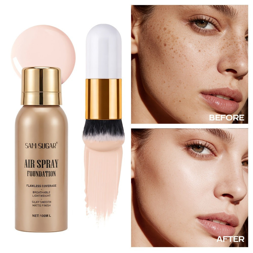 Waterproof Matte Foundation Spray Powder with Brush Set for Women – Sweat-Proof Long-Lasting Full Face Coverage Natural Finish Oil Control