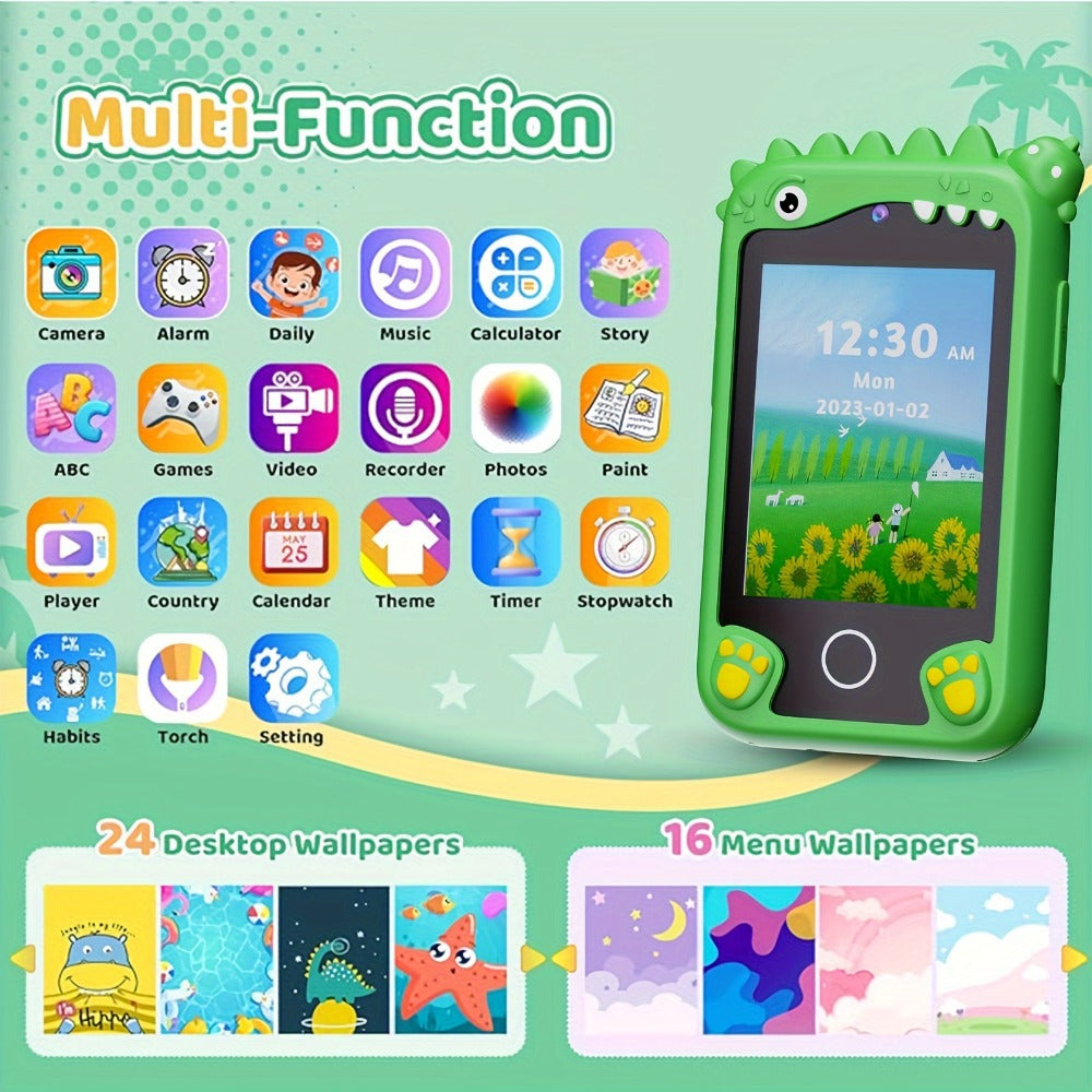 Dinosaur Toy Phone in Green or Purple with Dual Cameras, Touchscreen Interface and 8GB SD Card Label