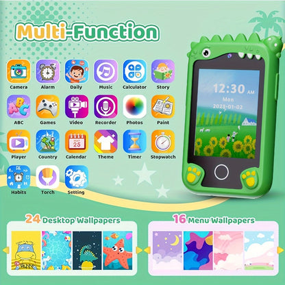 Dinosaur Toy Phone in Green or Purple with Dual Cameras, Touchscreen Interface and 8GB SD Card Label