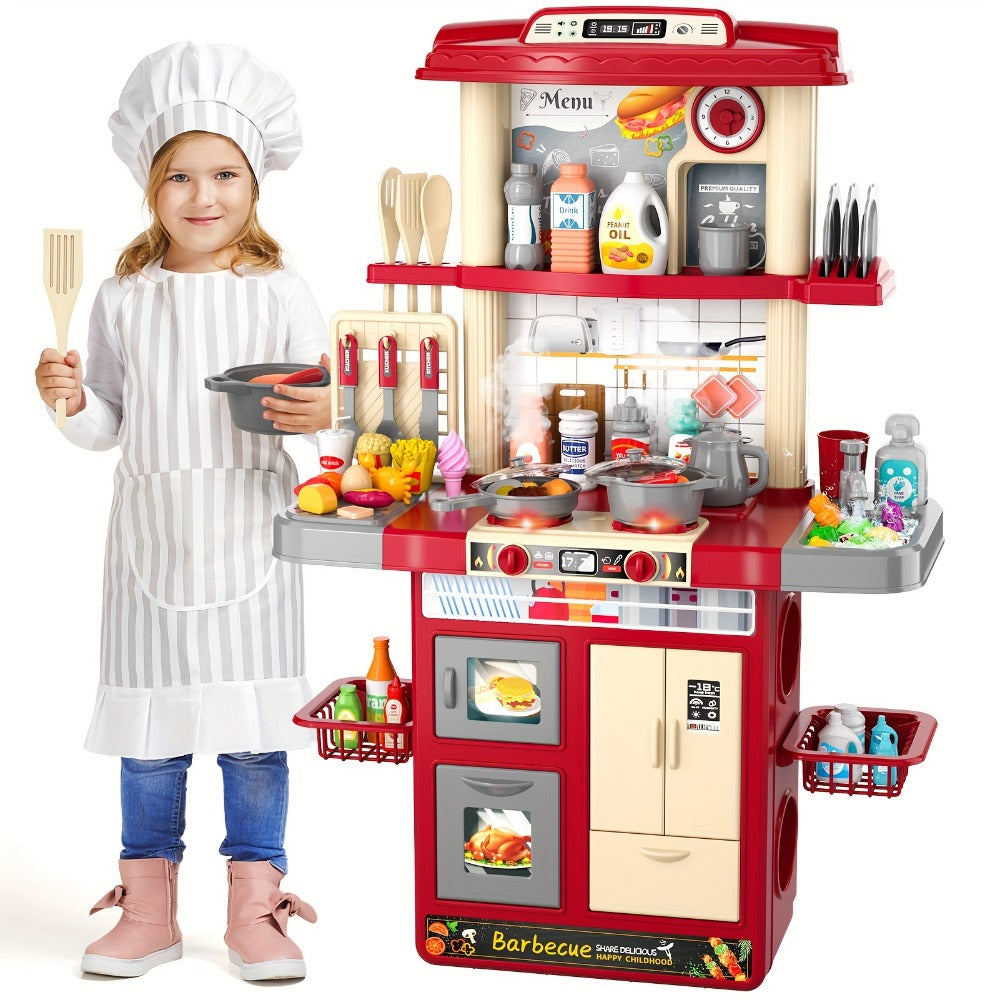 Play Kitchen Set with Lights Sounds & Spray, Toy Kitchen Playset with Oven Sink Fridge & Play Food for Kids Ages 3 4 5 6 7 8
