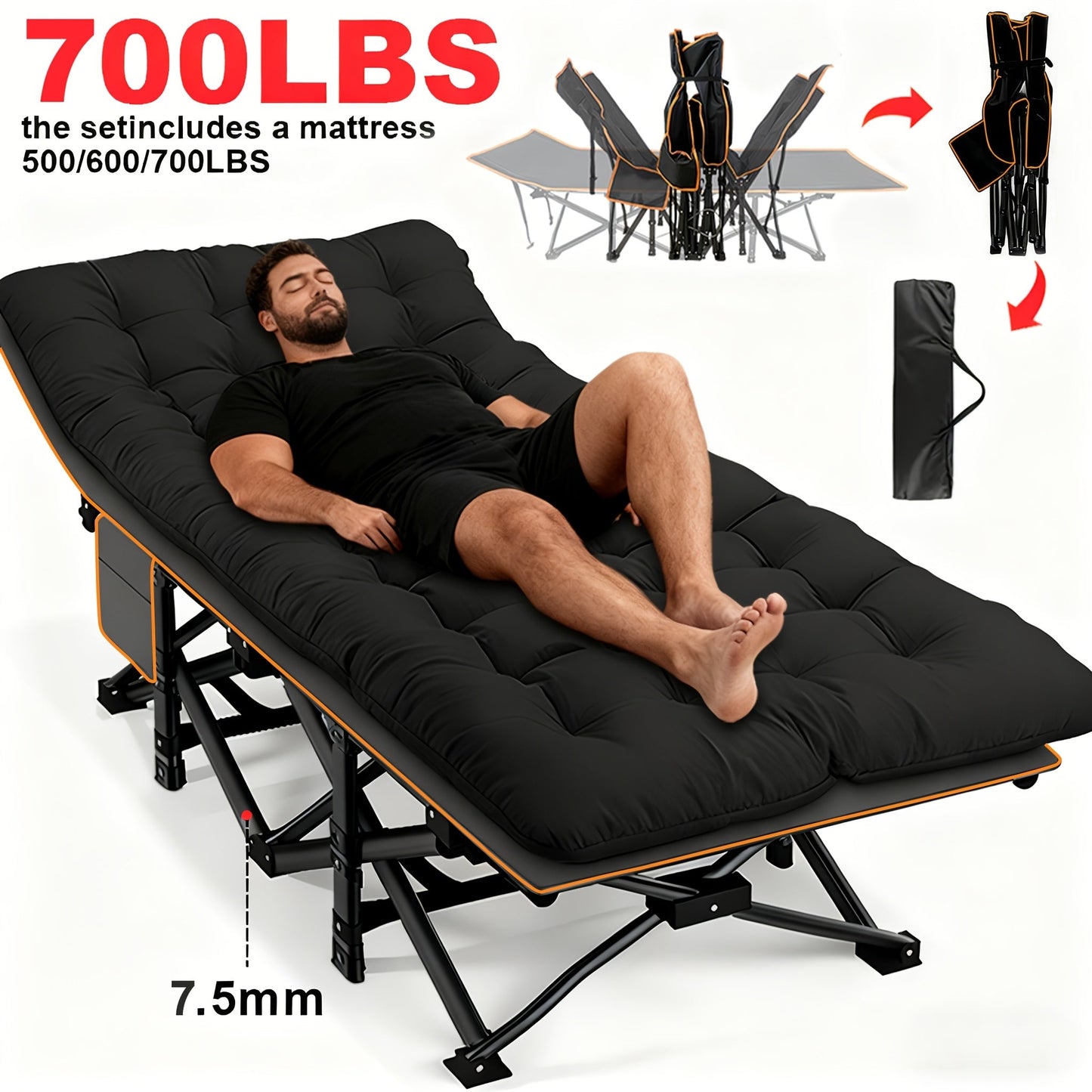 Heavy Duty Folding Bed 500 600 700 LBS Capacity Extra Large Portable Camping Cot Guest Bed with Optional Mattress Sturdy Steel Frame Flip-Up
