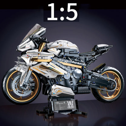 Motorcycle Building Blocks Model Kit 1:5 Scale 2000+ Pieces, Platinum Gold & White Collectible Brick Motorbike Display Set