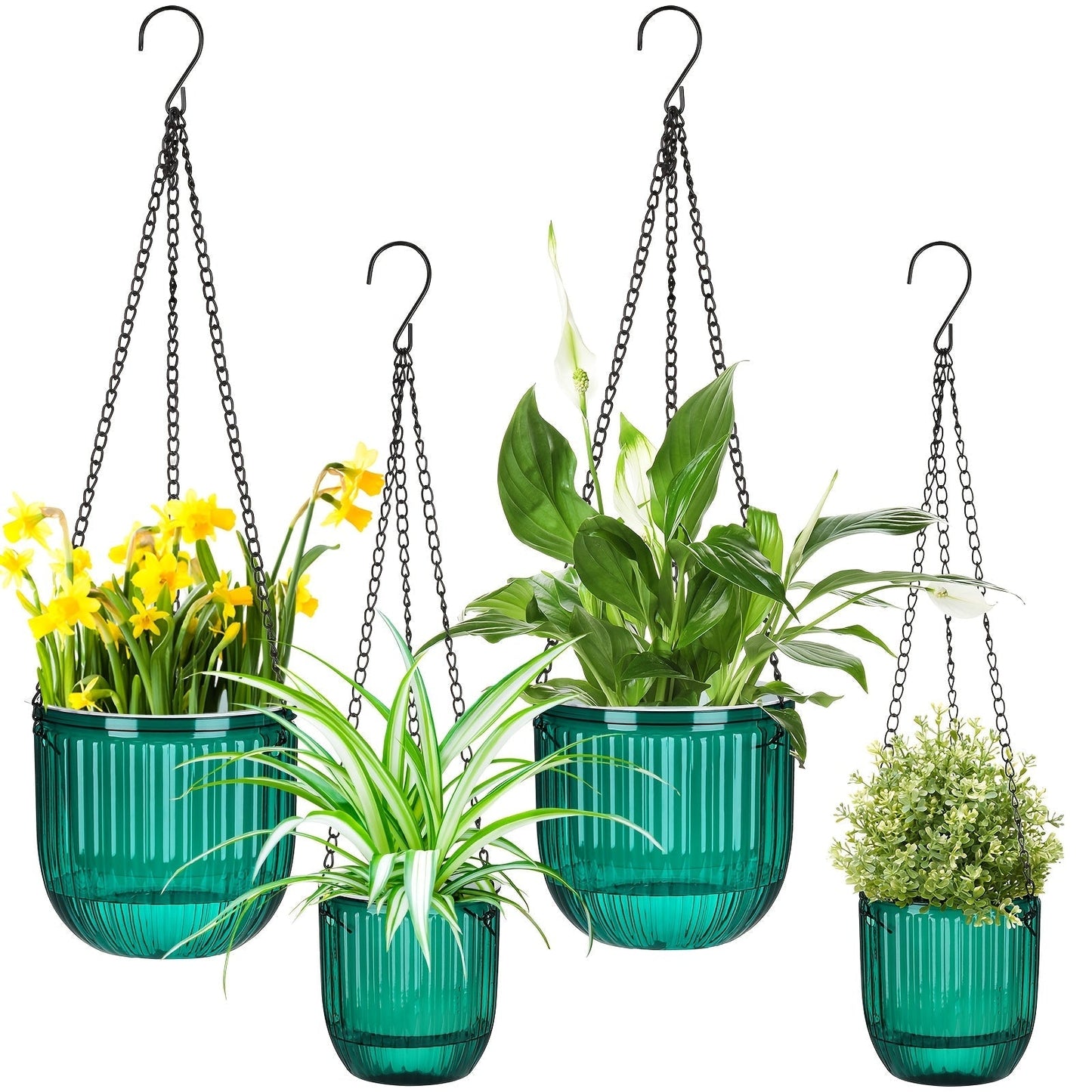 Self Watering Hanging Planters Set of 4 – 6.5" & 4.5" Hanging Flower Pots with 3 Hooks & Drainage Holes for Indoor Outdoor Home Garden