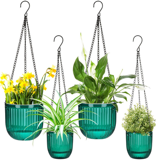 Self Watering Hanging Planters Set of 4 – 6.5" & 4.5" Hanging Flower Pots with 3 Hooks & Drainage Holes for Indoor Outdoor Home Garden