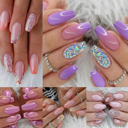Press On Nails 120-Piece Medium Coffin Five-Pack Pinkish Purple Glitter Sequin Glossy Full-Cover Set