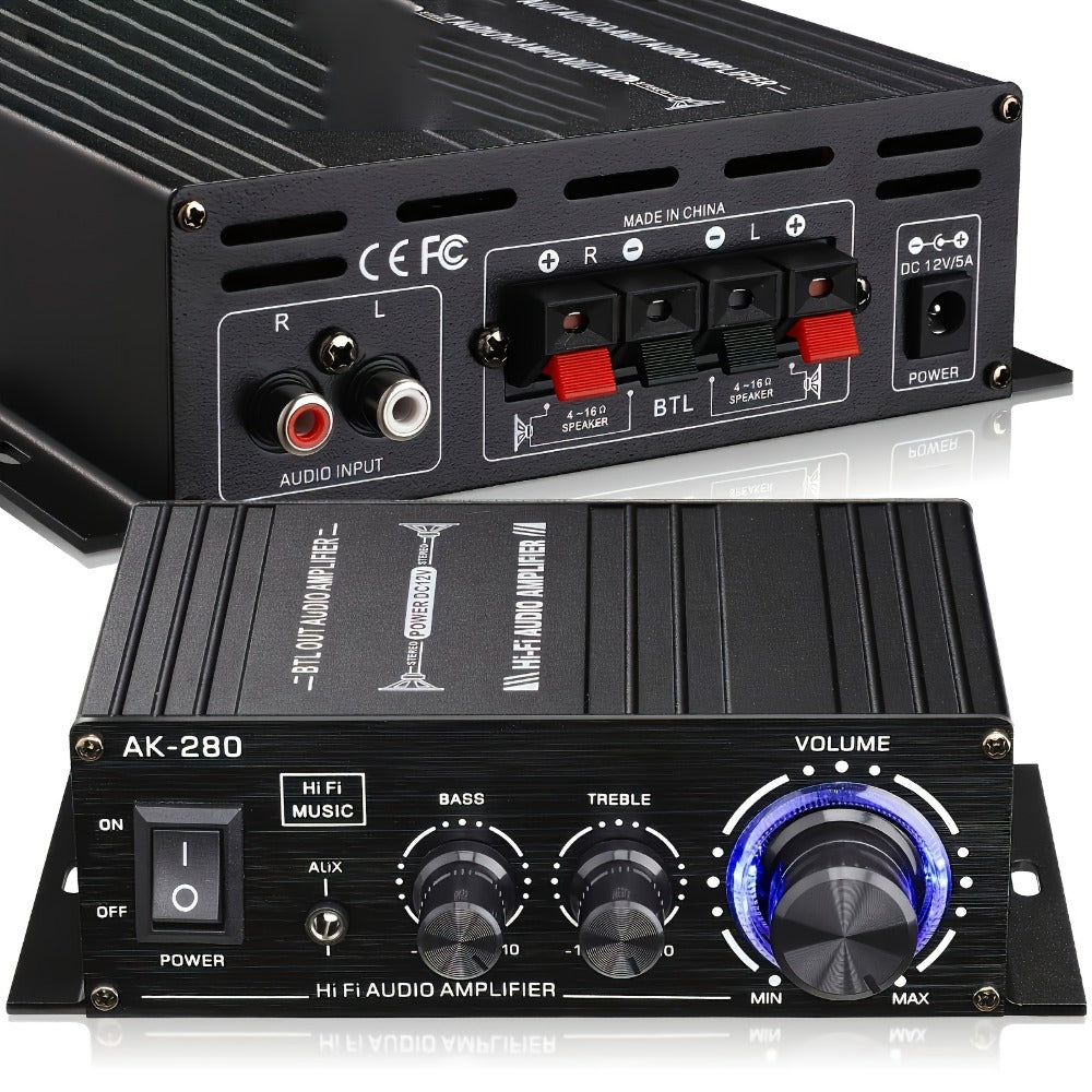 600W Mini HiFi Stereo Power Amplifier, Dual-Channel Class AB Compact Audio Amp, 2.0 Channel, RCA & AUX Input