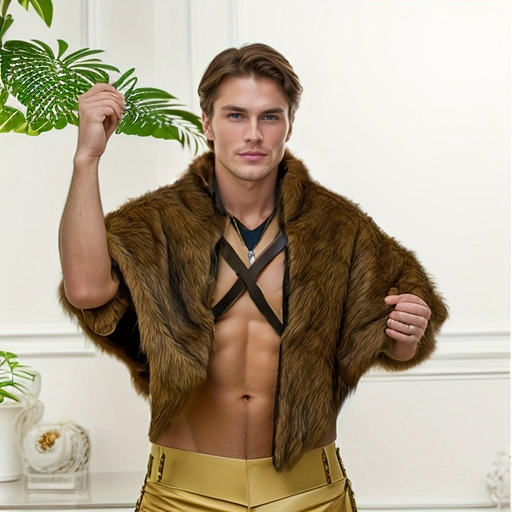 Viking Wolf Fur Cloak & Medieval Mantle with Crossed Chest Straps – Faux Fur Shoulder Wrap for Men & Women