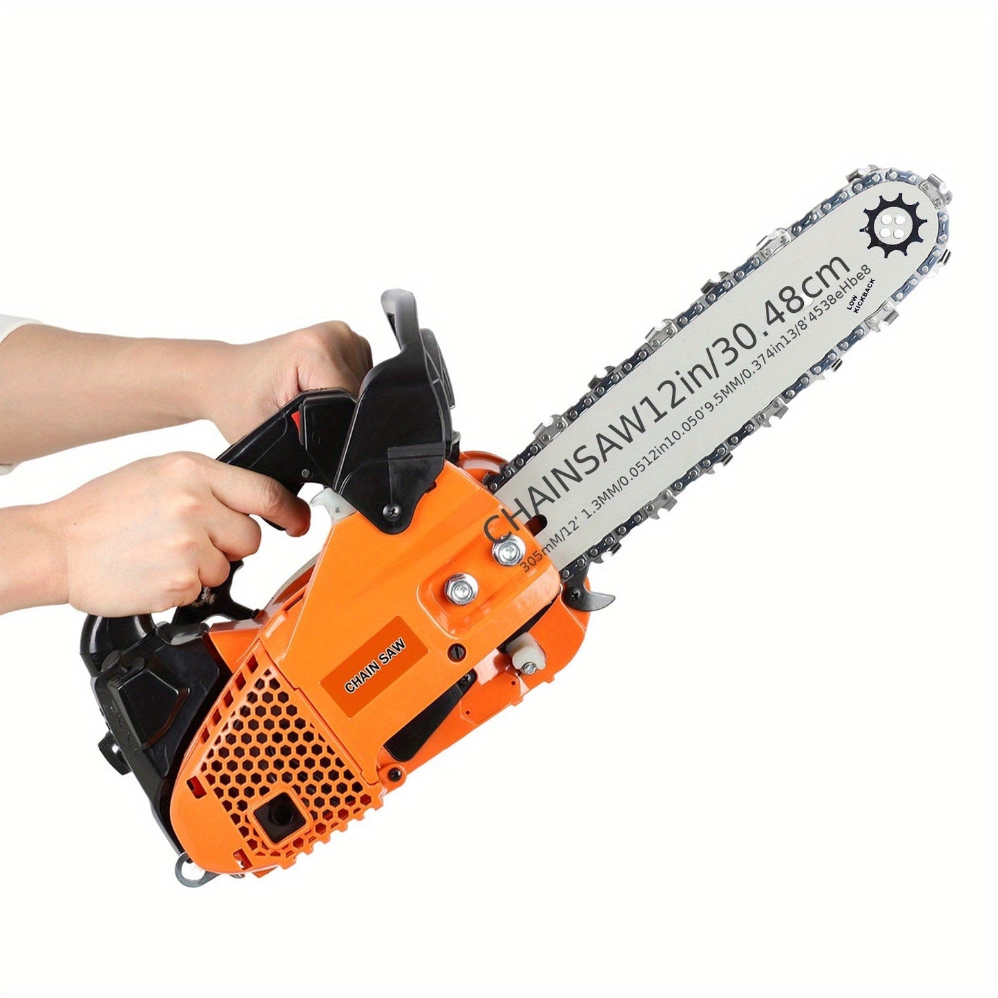 Compact 25.4CC Gas Chainsaw with 12-Inch Guide Bar and Orange Two-Stroke Engine Housing Design