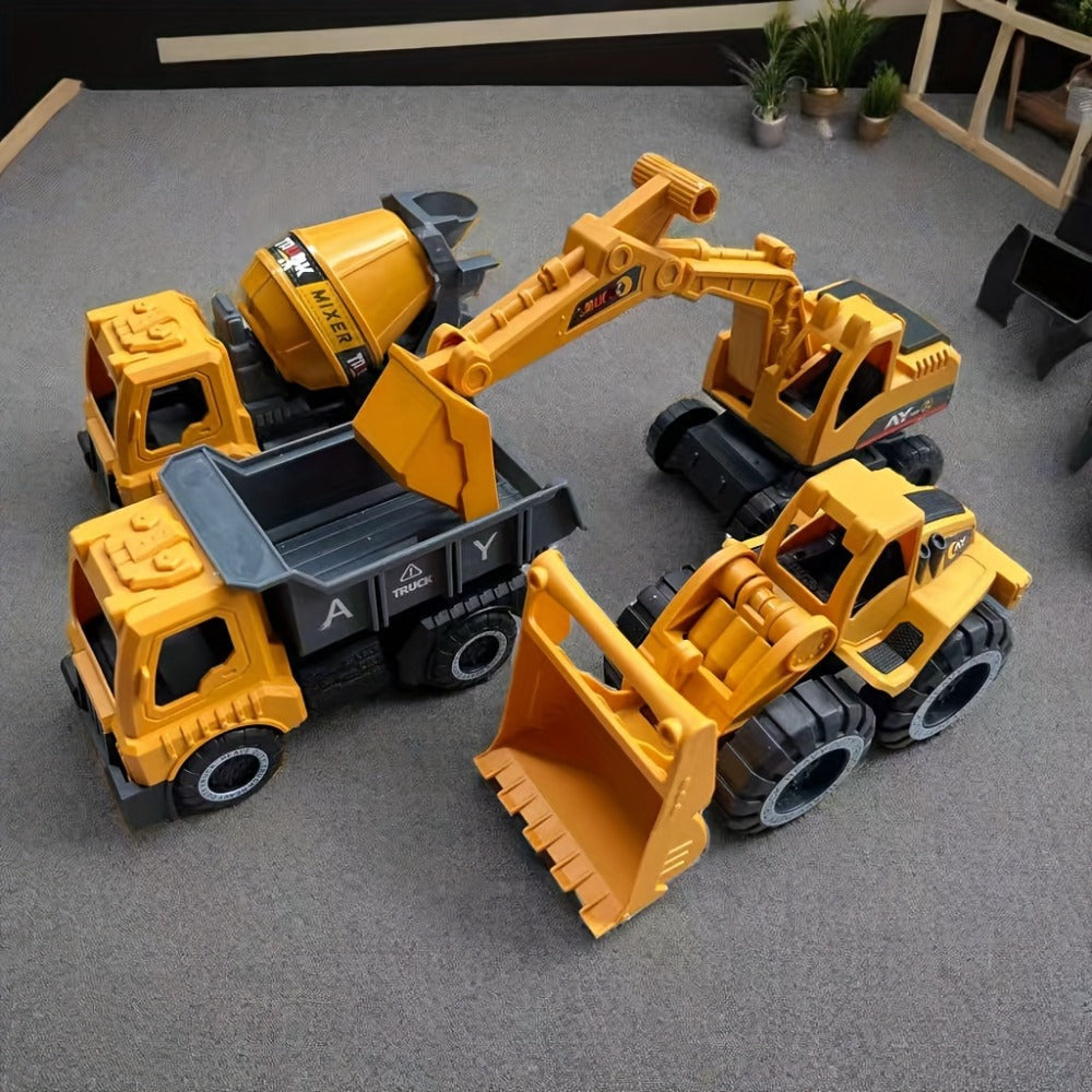 4-Piece STEM Construction Toy Vehicle Set for Toddlers, Shatterproof Excavator Mixer Dump Truck Bulldozer