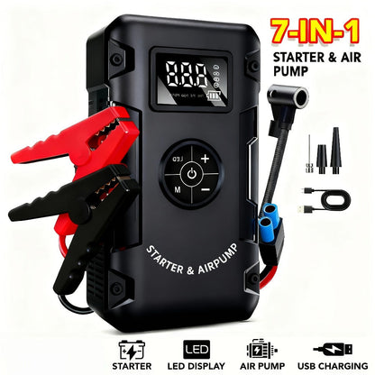 Jump Starter 10000A 7-in-1 with Air Pump – 150PSI Tire Inflator, Portable Battery Booster for Gas & Diesel, USB & USB-C Power Bank